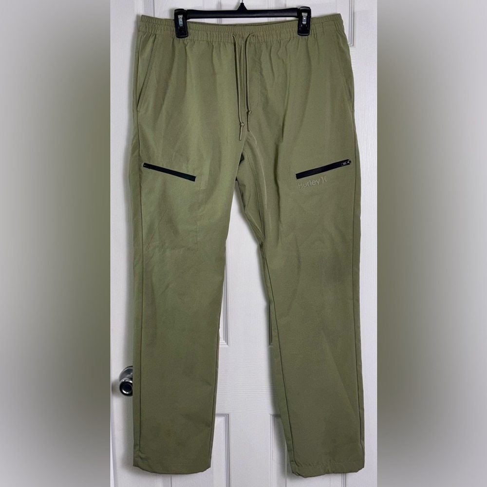 Hurley Tech Pants Mens Size Large Olive Green Stretch Jogger Zip Pocket Athletic